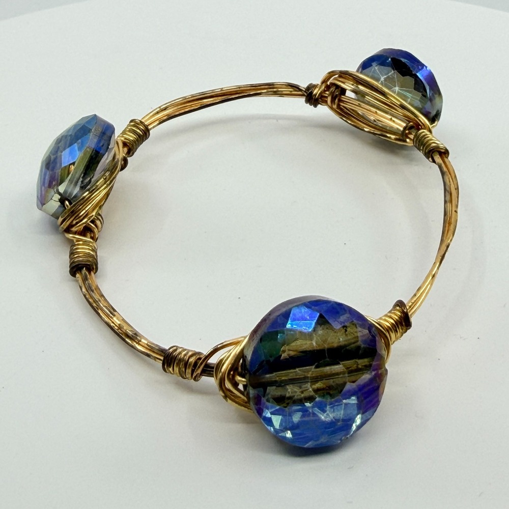 Boho Vintage Gold Tone Wire Wrapped Blue Aurora Borealis Crystal Bangle Bracelet